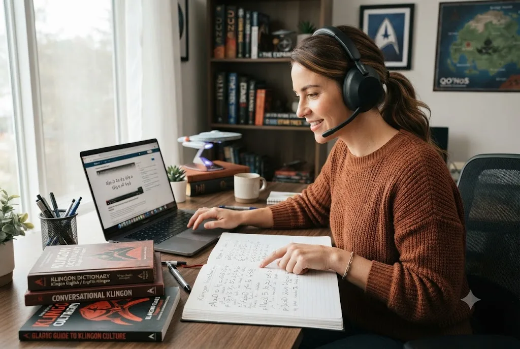 Student studying how to learn Klingon language using educational resources