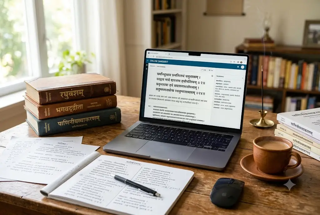 Student using online resources to learn Sanskrit language online