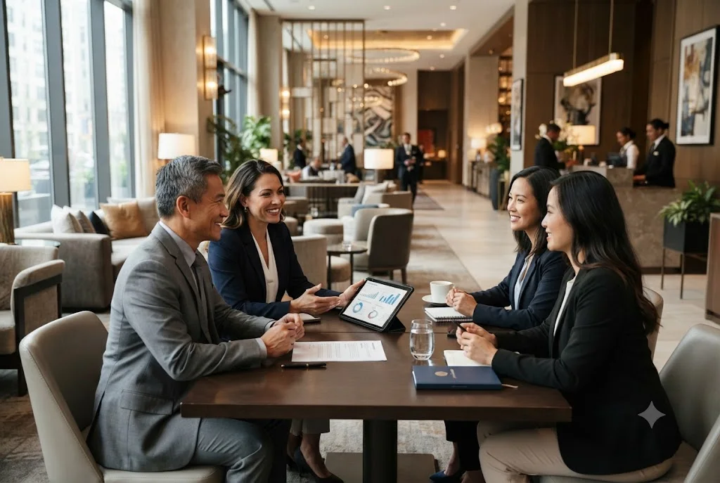 Hospitable business development manager meeting hospitality clients